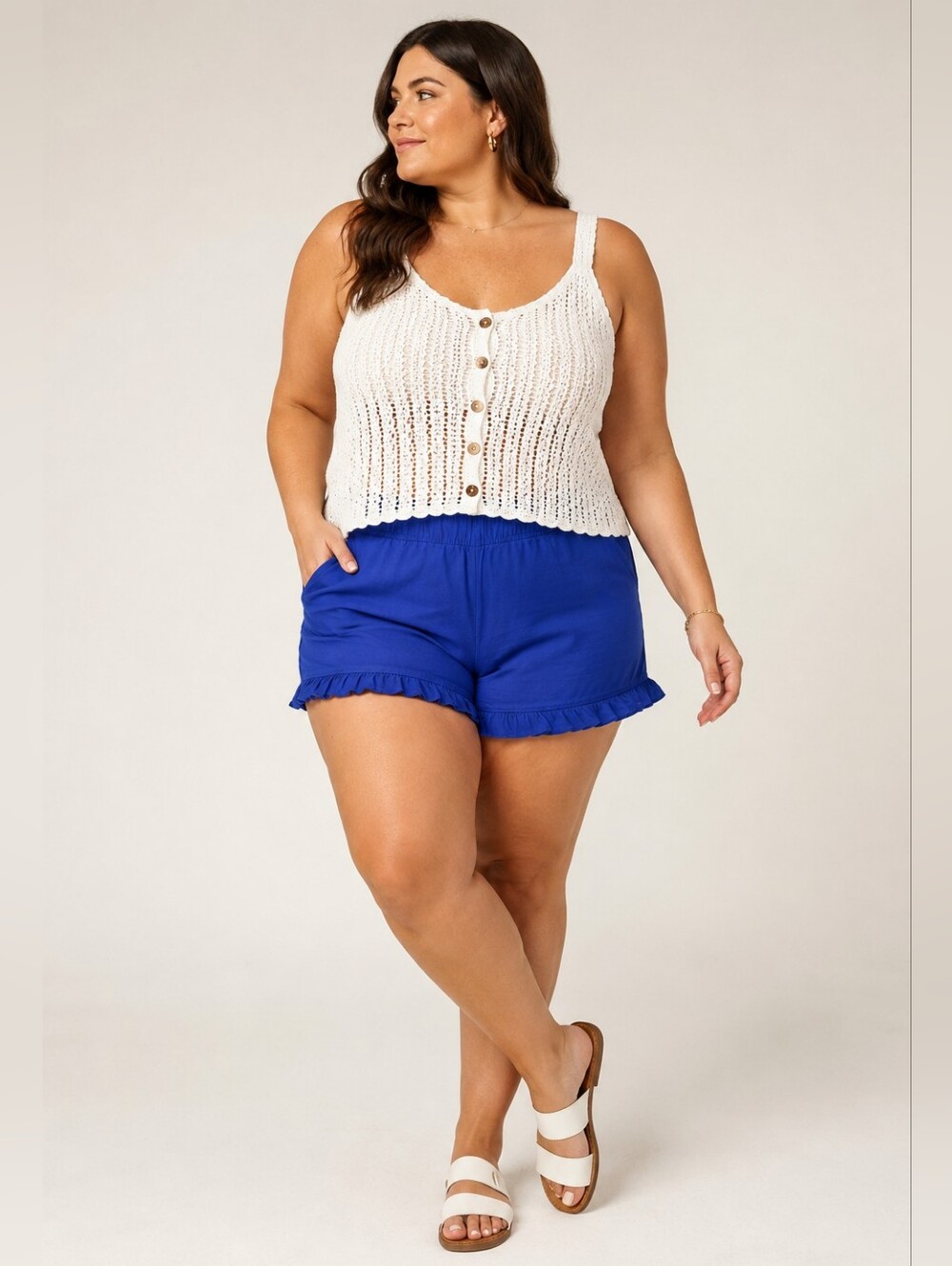 Cotton Bleu NWOT Plus-Size 1x: Ruffle Hem Pull-On Shorts in Cobalt Blue
